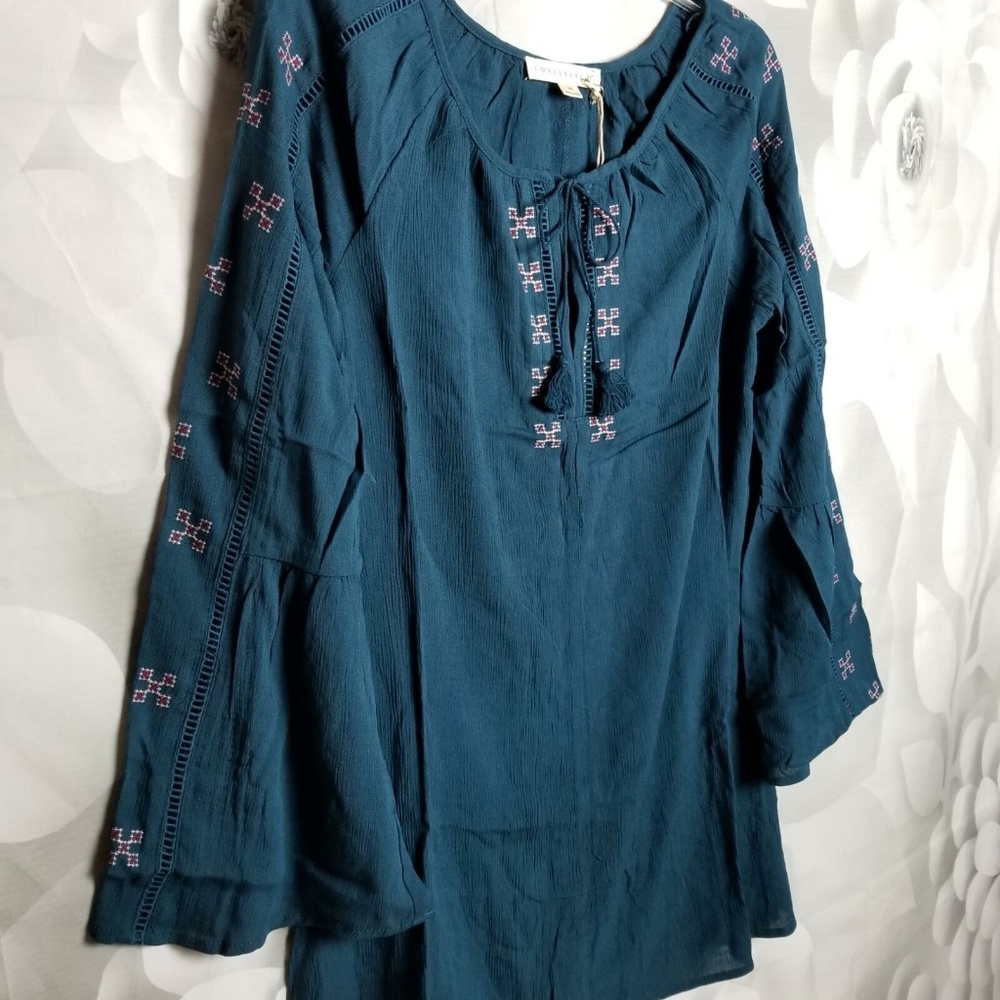 Love Stitch Boho Tunic Blouse Bell Sleeve Blue